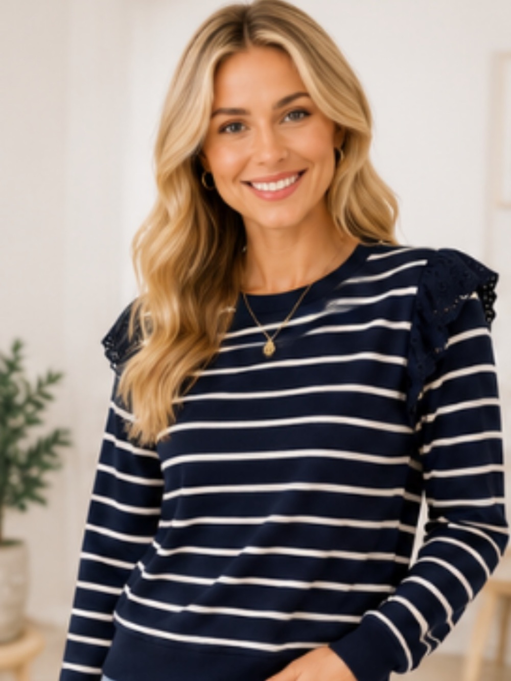 J.Crew Navy White Stripe Lace Ruffle Sweatshirt Womens Medium Casual Preppy